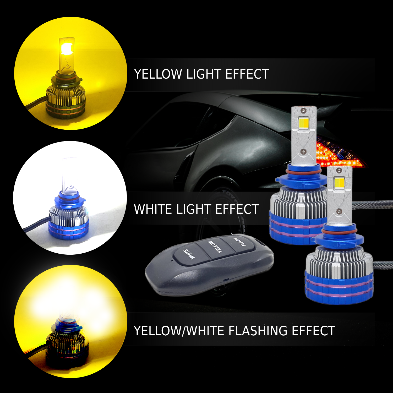 300W YELLOW/WHITE CAR LED HEADLIGHT BULB WITH REMOTE CONTROL