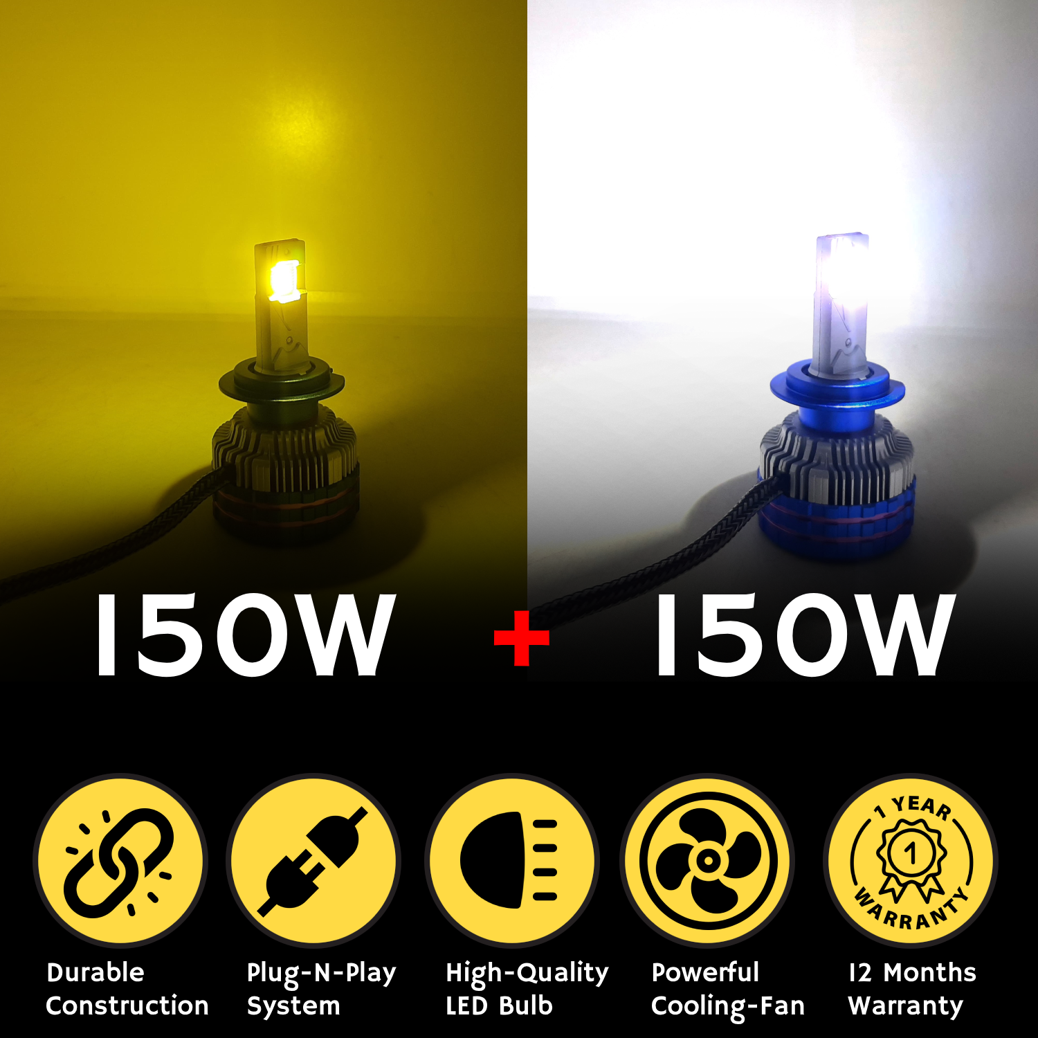 300W YELLOW/WHITE CAR LED HEADLIGHT BULB WITH REMOTE CONTROL