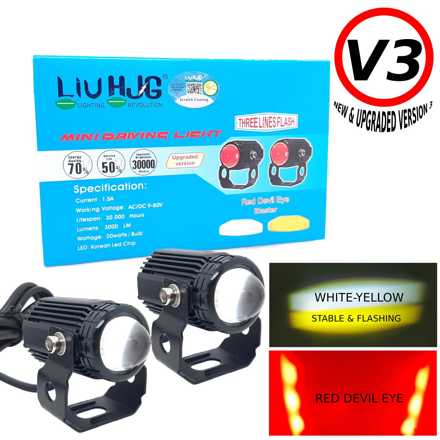 Original LIU HJG V3 Mini Drive, Red Devil Eye, Yellow White Flashing