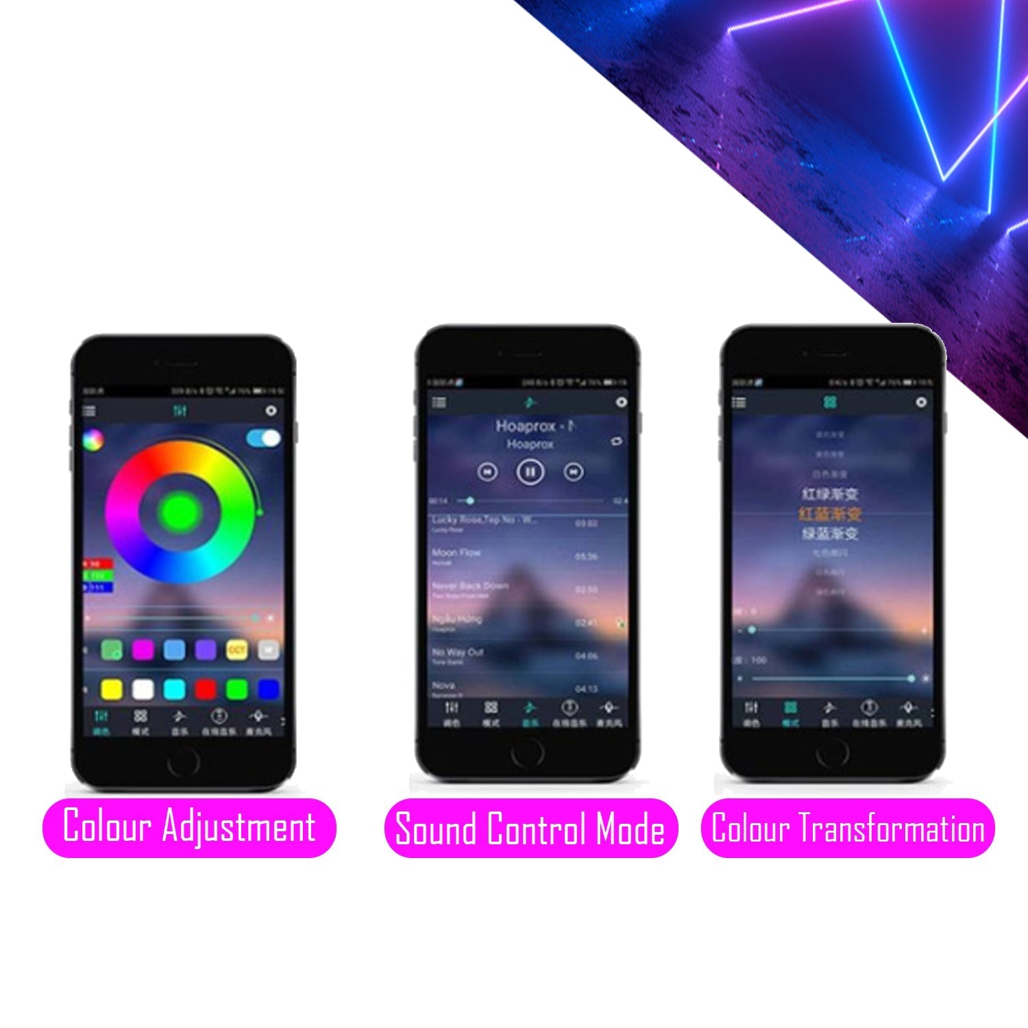 Multicolor RGB Sound Active Car Atmosphere Ambient Lighting Kit - Wireless Bluetooth APP Control