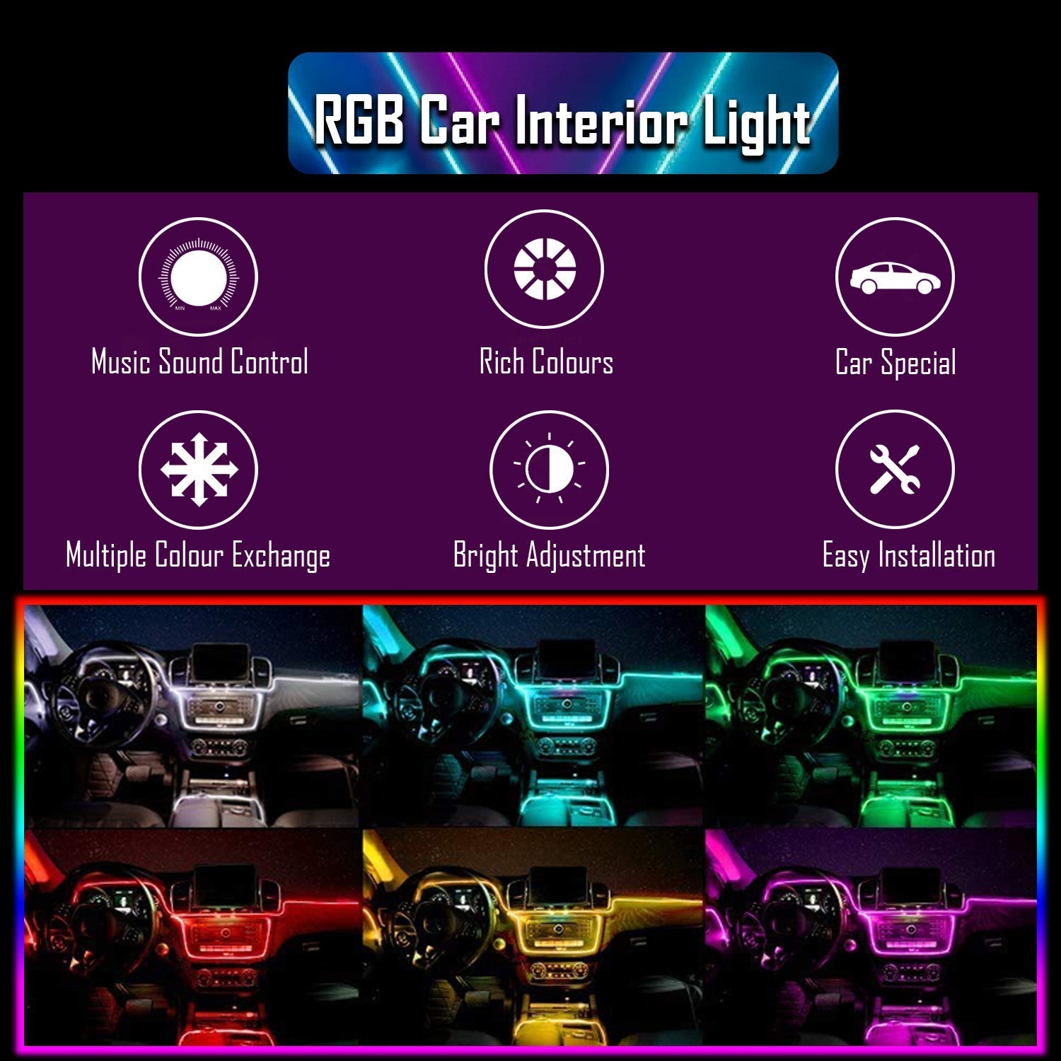 Multicolor RGB Sound Active Car Atmosphere Ambient Lighting Kit - Wireless Bluetooth APP Control