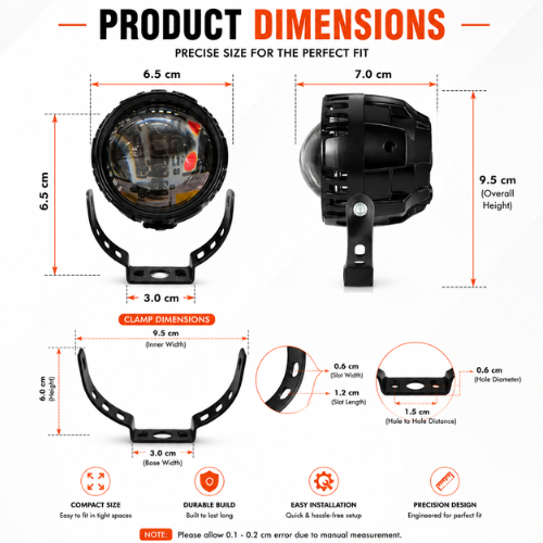 Product and Clamp Dimensions Chart for AUTOPOWERZ MC Top LED Fog Light