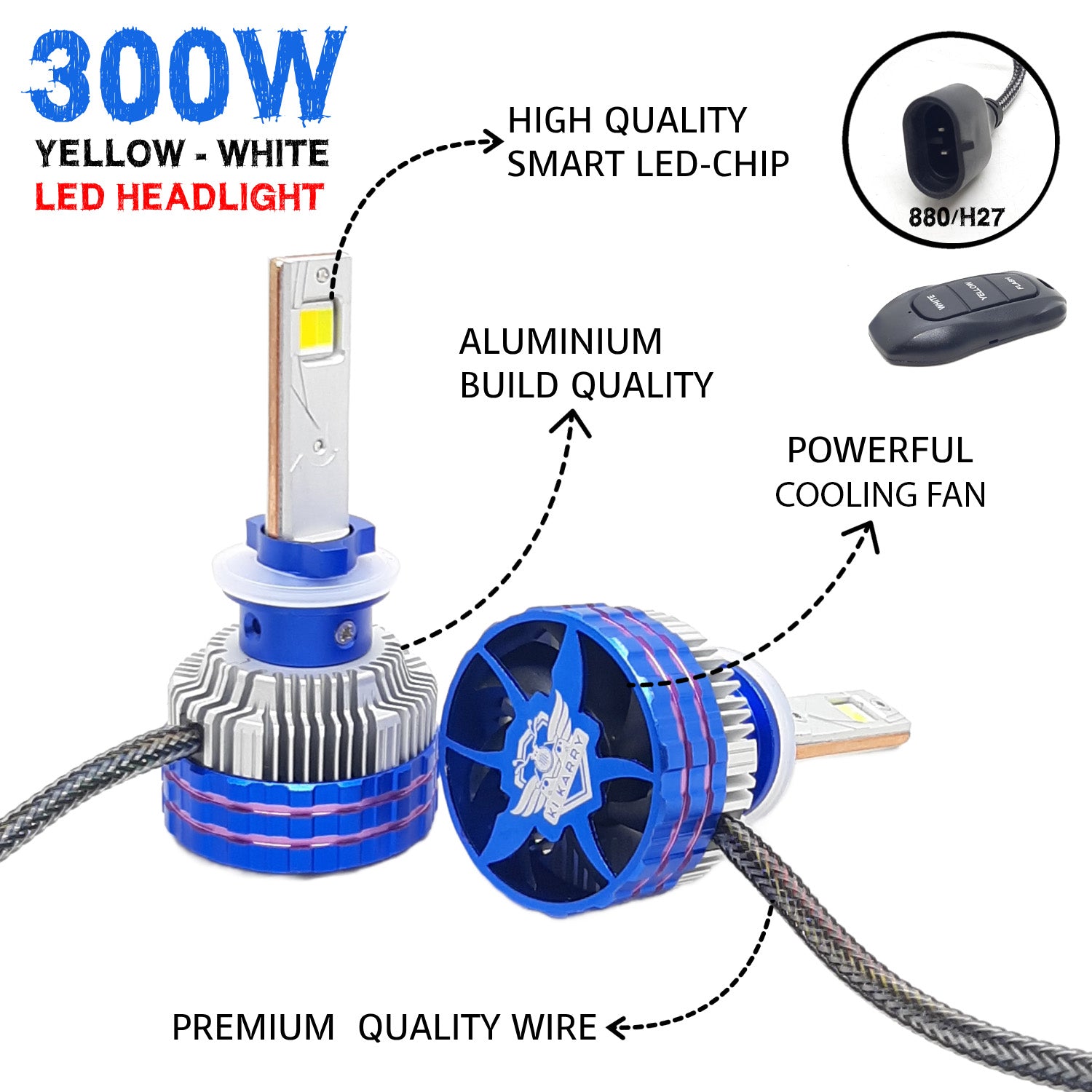 300W YELLOW/WHITE CAR LED HEADLIGHT BULB WITH REMOTE CONTROL