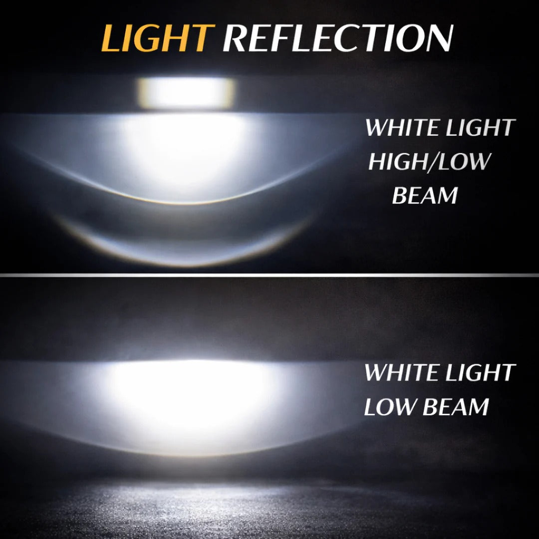 LIU HJG White & Yellow LED H4 Projector Lens Bulb with Red Devil Eye – High-Performance Headlight for Cars, Motorbikes & Trucks (12V, 50W)