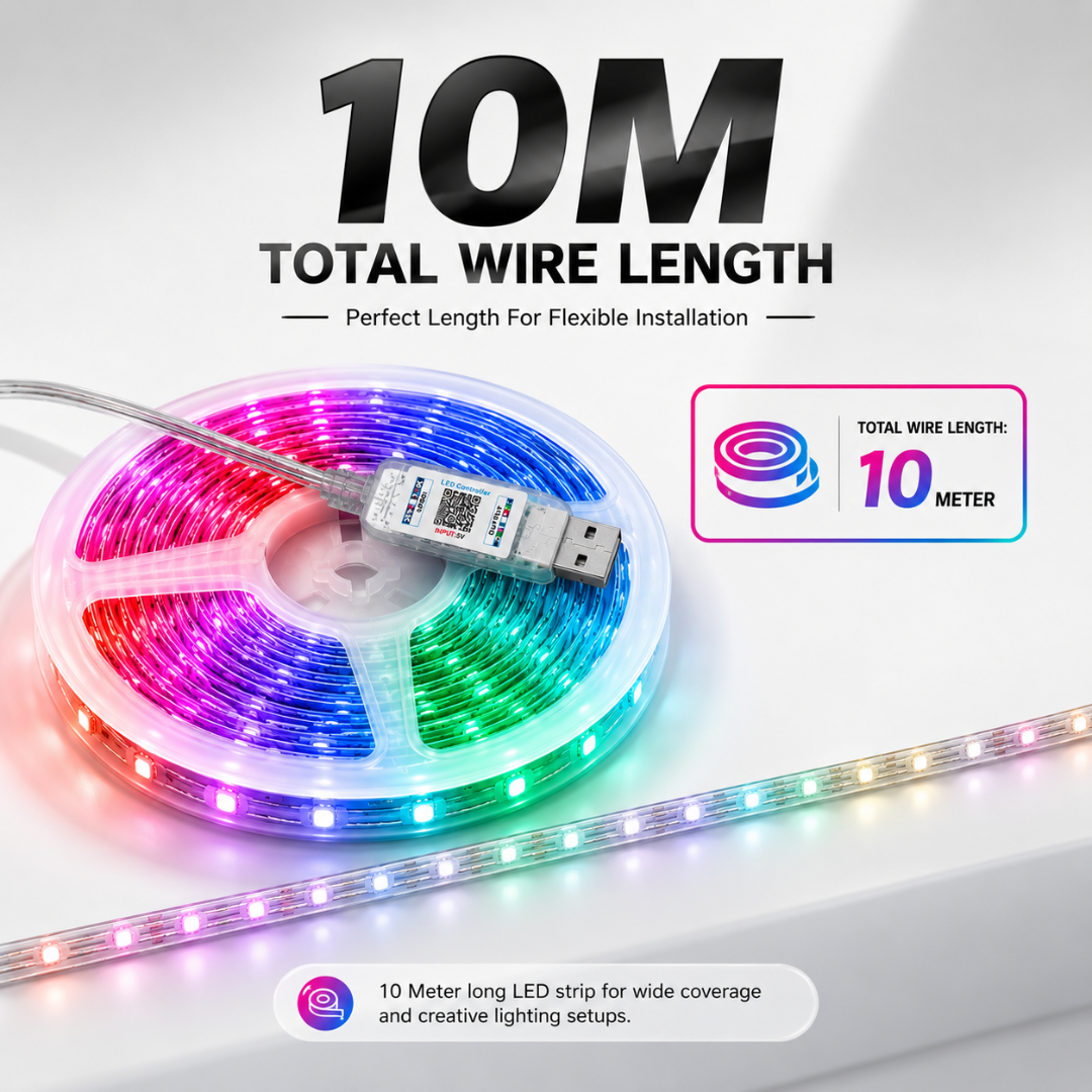 Graphic highlighting 10 meter total wire length of Autopowerz flexible RGB LED strip light featuring cuttable design and plug and play.