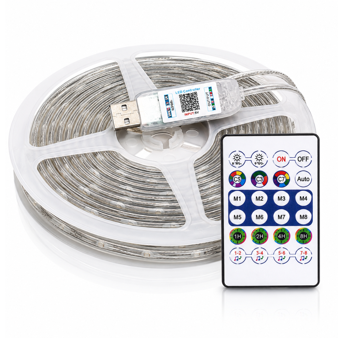 Autopowerz 10M USB RGB LED strip light reel shown next to wireless remote control and smart USB controller module.