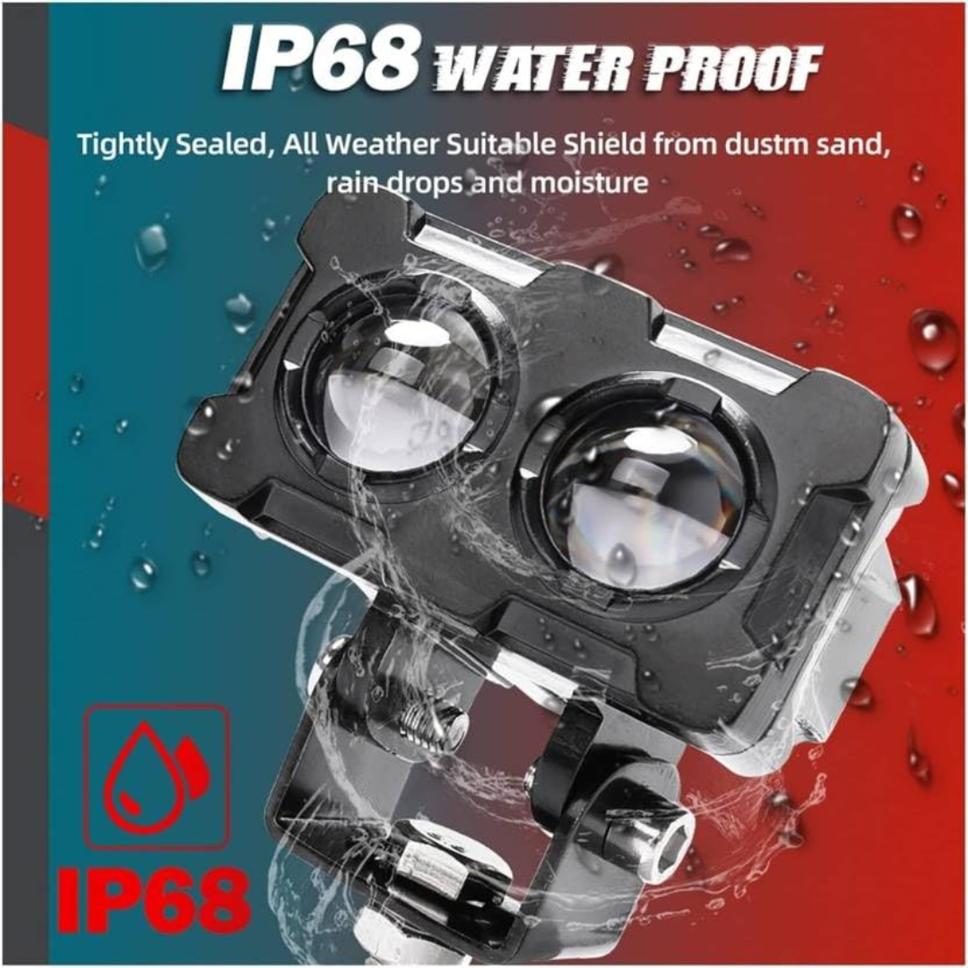 AUTOPOWERZ 2-LED fog pod showing IP68 waterproof shield against water droplets, dust, sand, and rain.