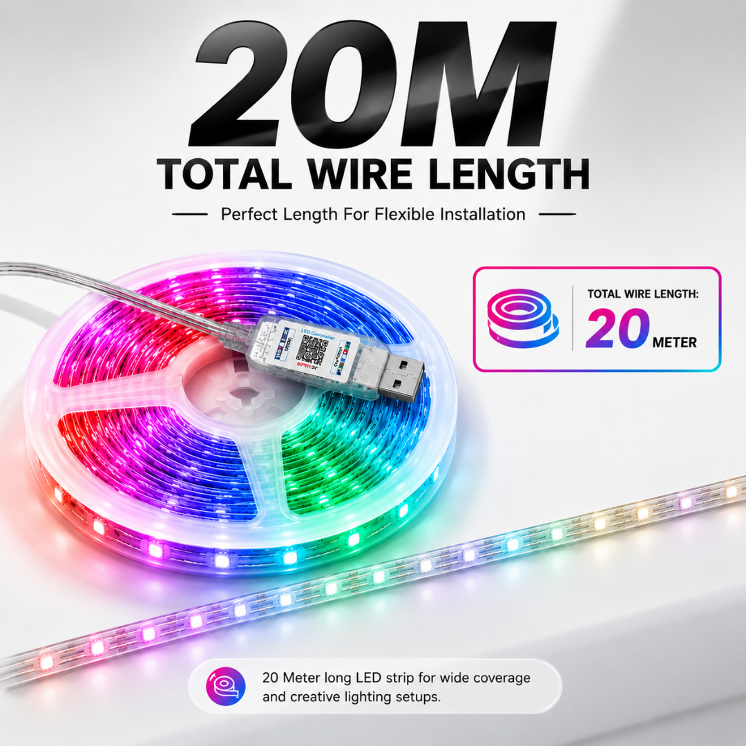 Graphic highlighting 20 meter total wire length of Autopowerz flexible RGB LED strip light for wide coverage.