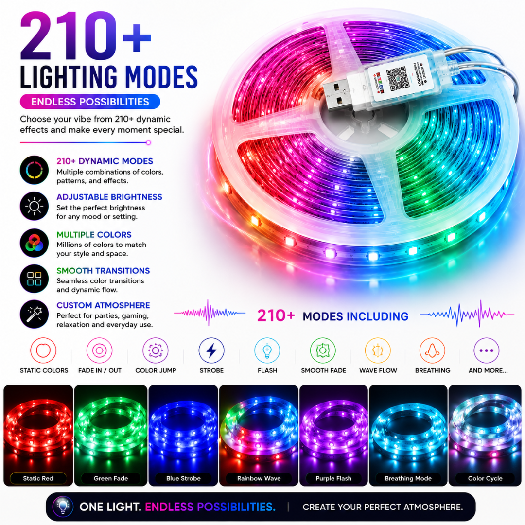 210+ dynamic lighting modes breakdown including static colors, fade, color jump, strobe, flash, wave flow, and breathing.