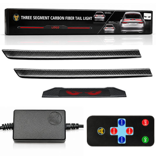 AUTOPOWERZ 3-segment carbon fiber LED tail light kit unboxed with central Red Devil Eye bar, side strips, controller box, wireless remote, and retail packaging.