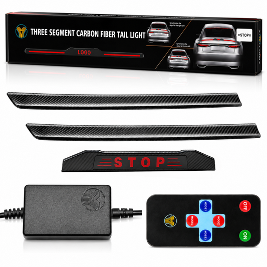 AUTOPOWERZ 3-segment carbon fiber LED tail light kit unboxed with central STOP logo bar, side strips, controller box, wireless remote, and retail packaging.