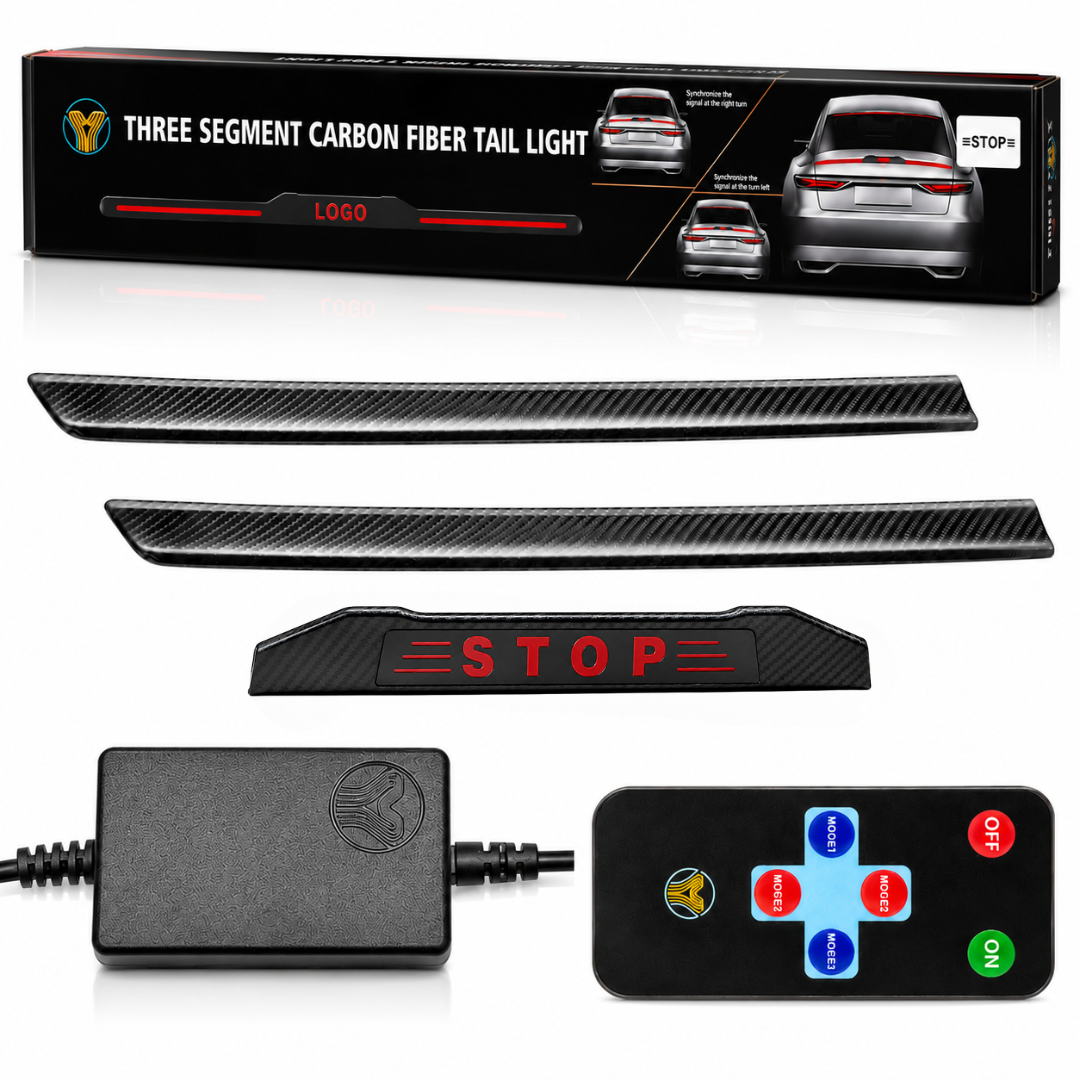 AUTOPOWERZ 3-Segment Carbon Fiber Universal LED Tail & Brake Light Strip with Illuminated STOP Logo & Wireless Remote Control (120cm–130cm Adjustable)