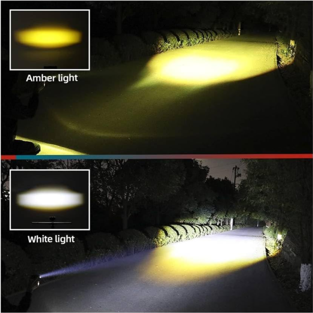Nighttime road light test showing Amber Yellow beam light and White light projection spread from AUTOPOWERZ fog lamps.
