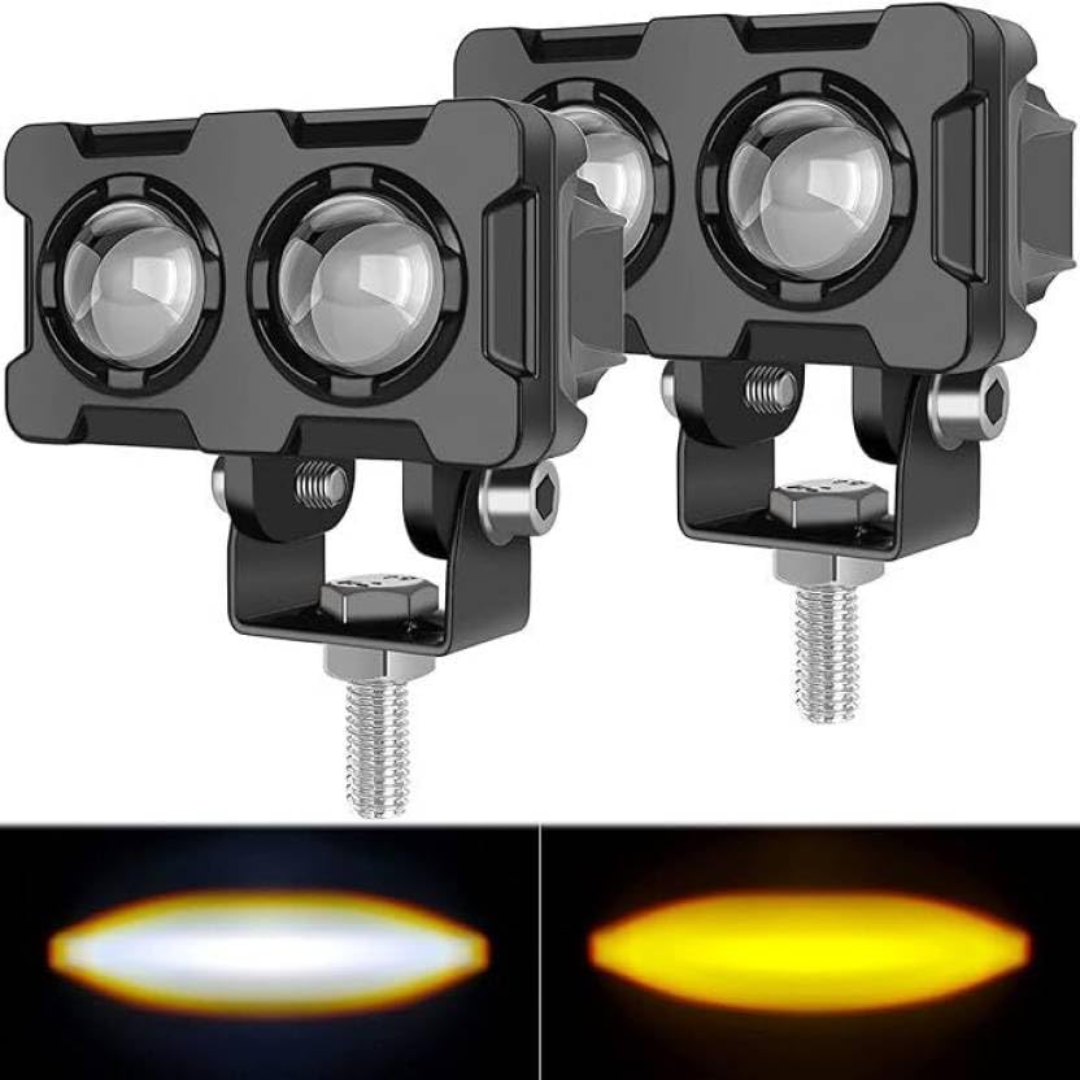AUTOPOWERZ 40W dual lens 2-LED fog light pair in black metal body with mounting brackets and light beam demonstration.