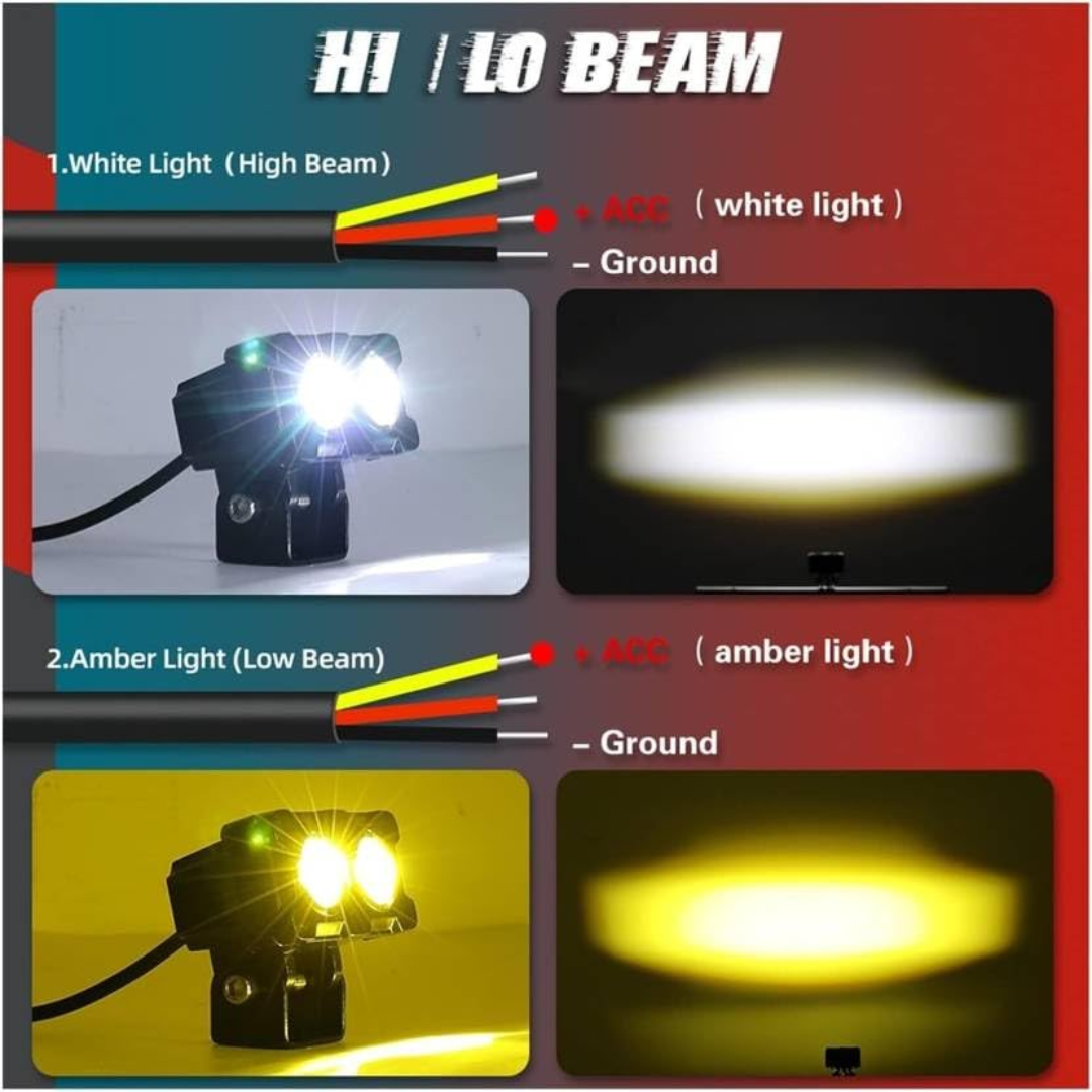 Hi/Lo beam 3-wire wiring diagram showing Red wire for White light high beam, Yellow wire for Amber low beam, and Black wire for ground.