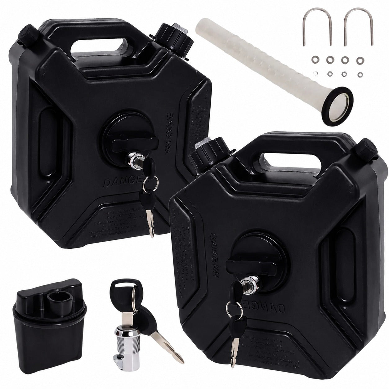 AutoPowerz 5 Liter black fuel jerry cans pack of 2 with lock core keys and flexible pouring spout.