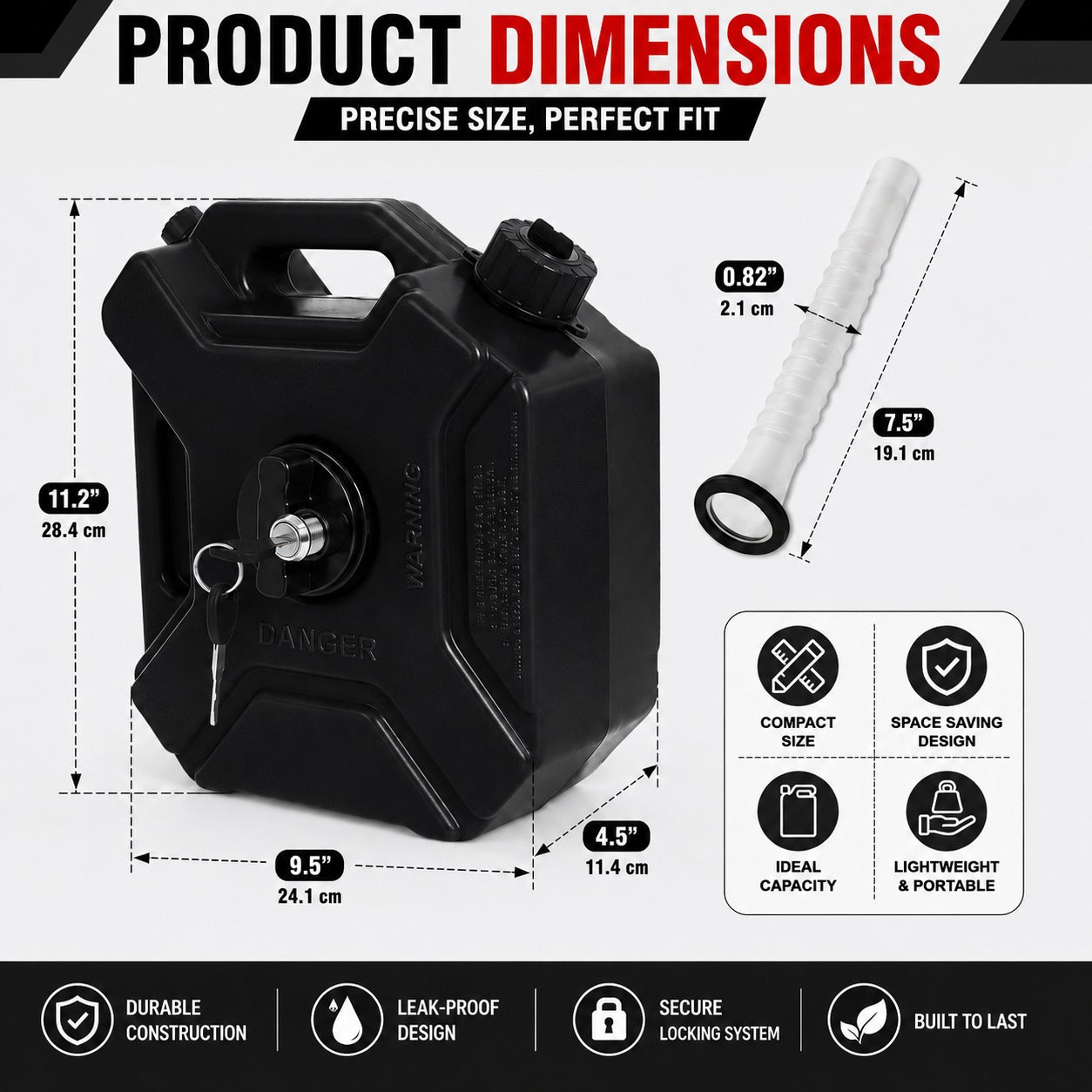 Dimension diagram of AutoPowerz 5L black jerry can measuring 28.4 cm height by 24.1 cm length with 19.1 cm spout.