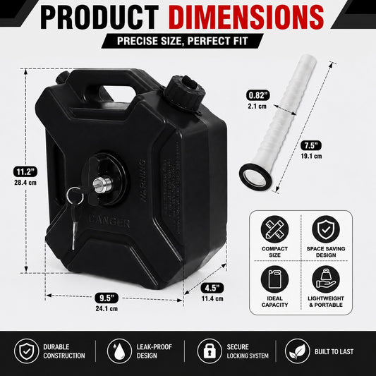 Dimension diagram of AutoPowerz 5L black jerry can measuring 28.4 cm height by 24.1 cm length with 19.1 cm spout.