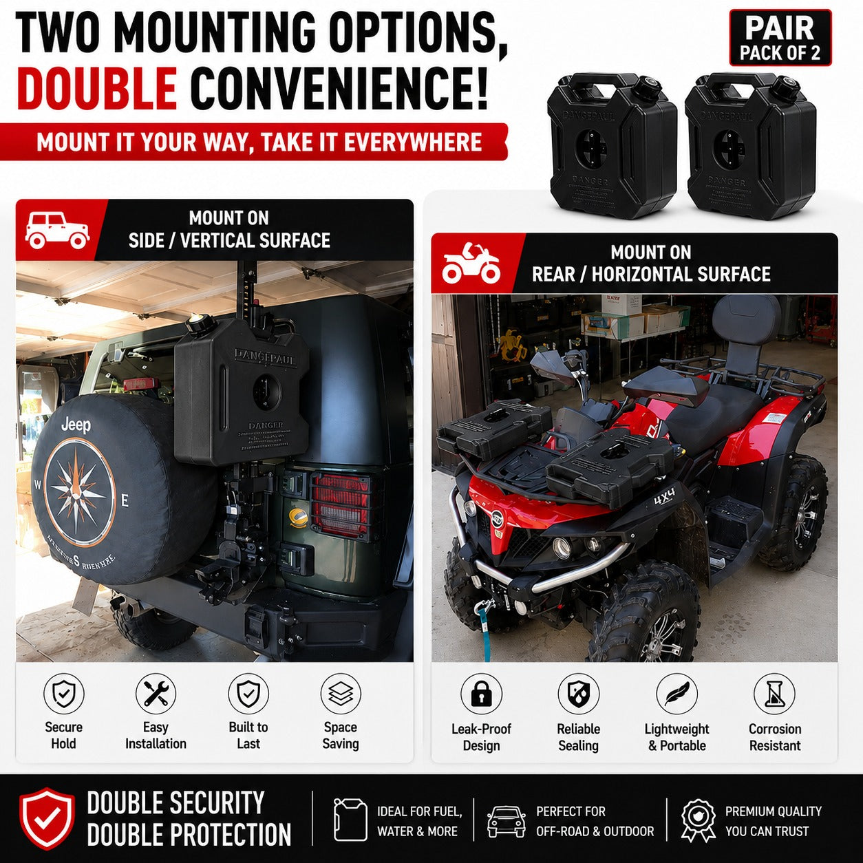 AutoPowerz 5L black jerry cans mounted vertically on Jeep spare tire rack and horizontally on ATV front rack.