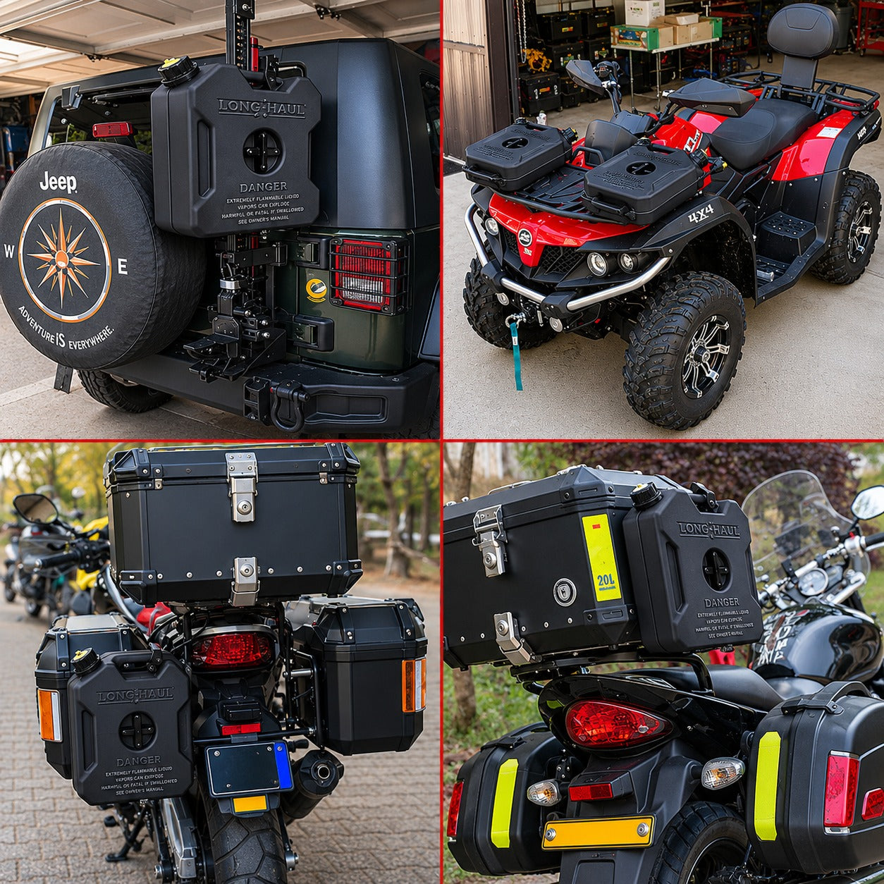 AutoPowerz 5L black jerry cans mounted on motorcycle aluminum side panniers and rear top rack for touring.