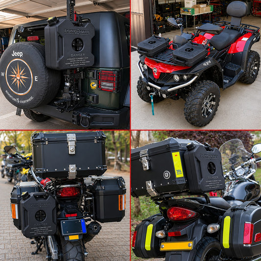 AutoPowerz 5L black jerry cans mounted on motorcycle aluminum side panniers and rear top rack for touring.