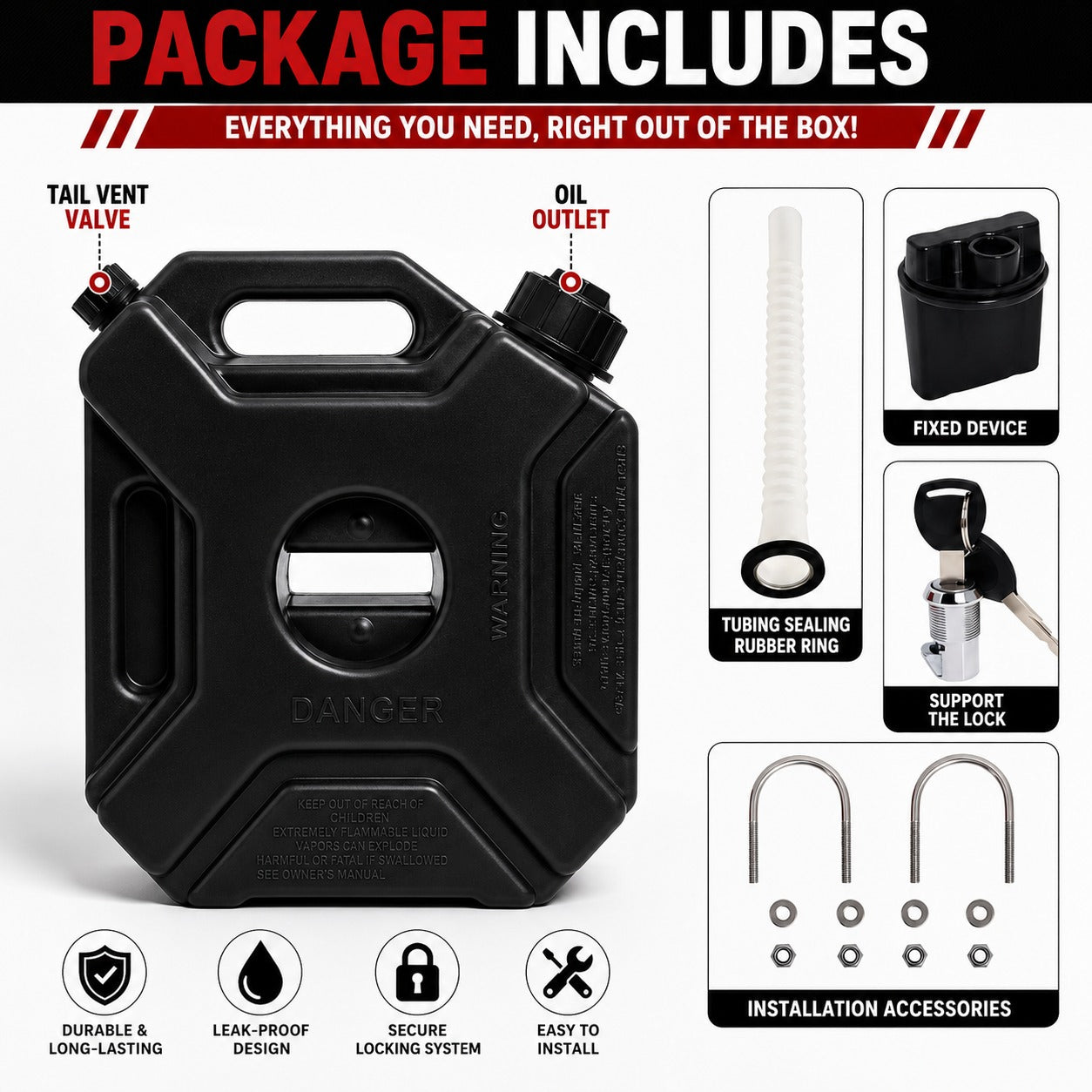 Package contents breakdown showing AutoPowerz 5L black jerry can, oil outlet spout, vent valve, and U-bolt mounting hardware.