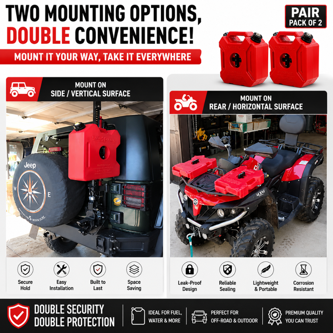 Package contents breakdown showing AutoPowerz 5L red jerry can, oil outlet spout, vent valve, and U-bolt mounting hardware.
