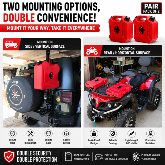 Package contents breakdown showing AutoPowerz 5L red jerry can, oil outlet spout, vent valve, and U-bolt mounting hardware.