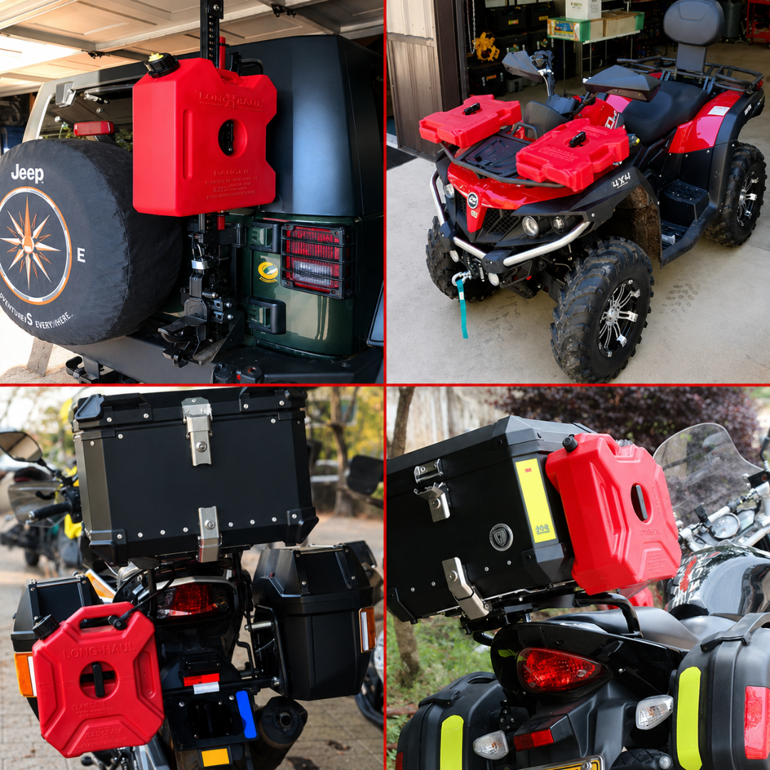 AutoPowerz 5L red jerry cans mounted vertically on Jeep spare tire rack and horizontally on ATV front rack.