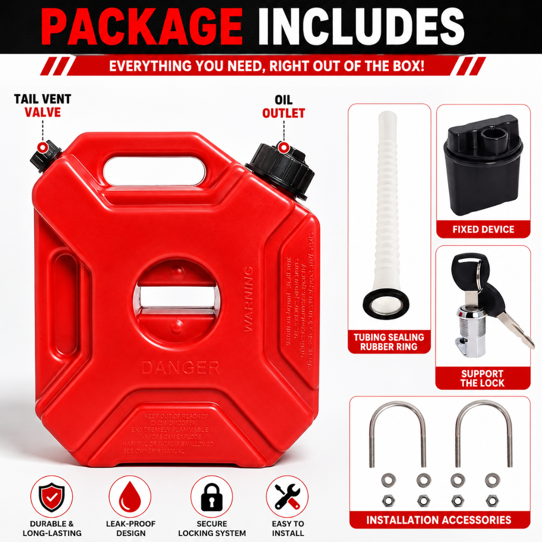 Dimension diagram of AutoPowerz 5L red jerry can measuring 28.4 cm height by 24.1 cm length with 19.1 cm spout.
