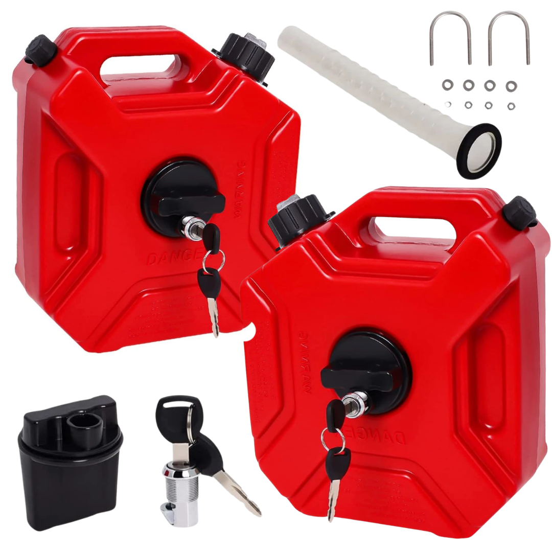 AutoPowerz 5 Liter red fuel jerry cans pack of 2 with lock core keys and flexible pouring spout.