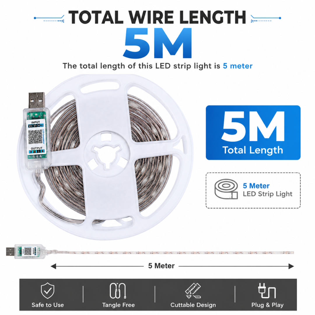 Graphic highlighting 5 meter total wire length of Autopowerz flexible RGB LED strip light featuring cuttable design and plug and play.