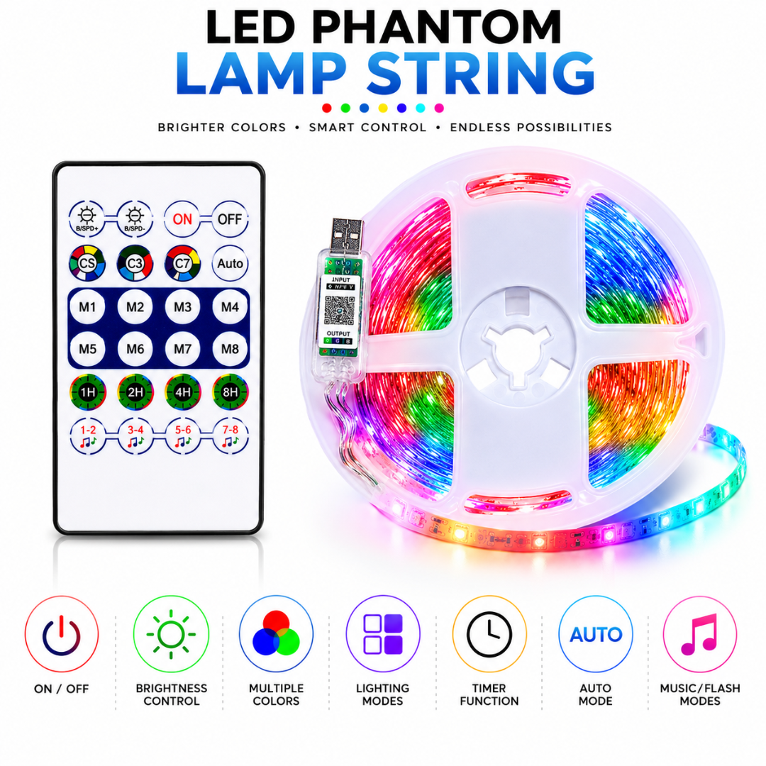 Remote control functions breakdown showing ON/OFF, brightness, colors, modes, timer function, auto mode, and music modes.