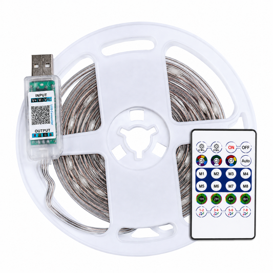 Autopowerz 5M USB RGB LED strip light reel shown next to wireless remote control and smart USB controller module.