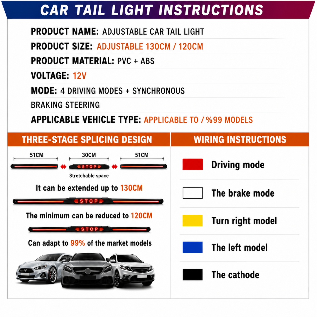 AUTOPOWERZ 3-Segment Carbon Fiber Universal LED Tail & Brake Light Strip with Illuminated STOP Logo & Wireless Remote Control (120cm–130cm Adjustable)