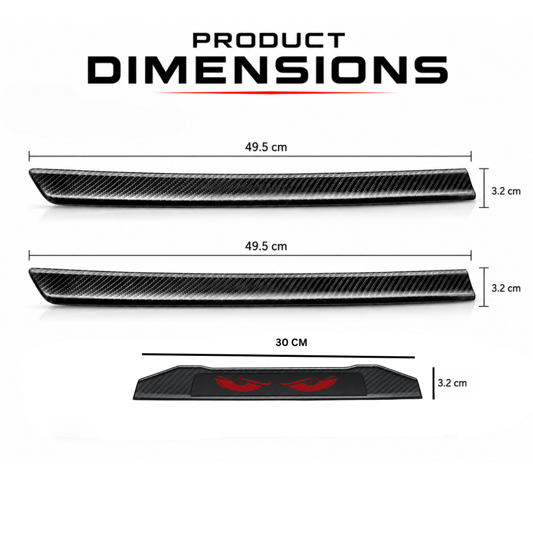 Dimension diagram showing AUTOPOWERZ carbon fiber tail light components measuring 49.5 cm side bars and 30 cm central Red Devil Eye bar.