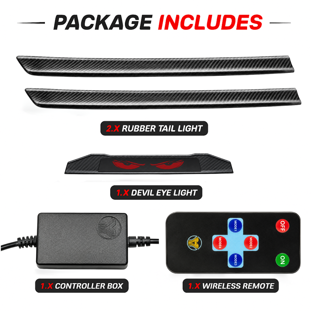 Package contents breakdown showing 2 rubber tail light strips, 1 Red Devil Eye light, 1 controller box, and 1 wireless remote control.