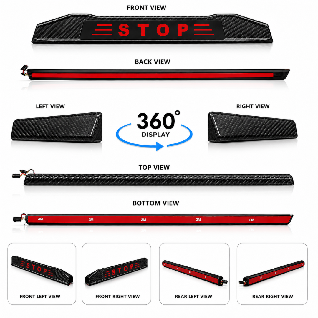 360 degree product display showing front, back, side, top, bottom, and perspective views of AUTOPOWERZ carbon fiber STOP logo tail light.