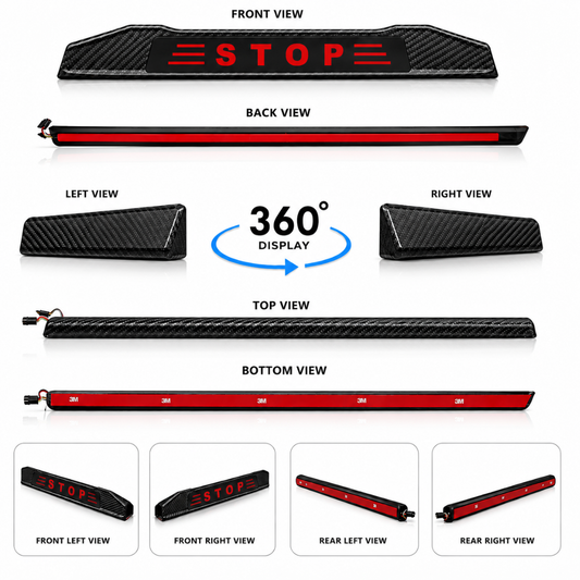 360 degree product display showing front, back, side, top, bottom, and perspective views of AUTOPOWERZ carbon fiber STOP logo tail light.