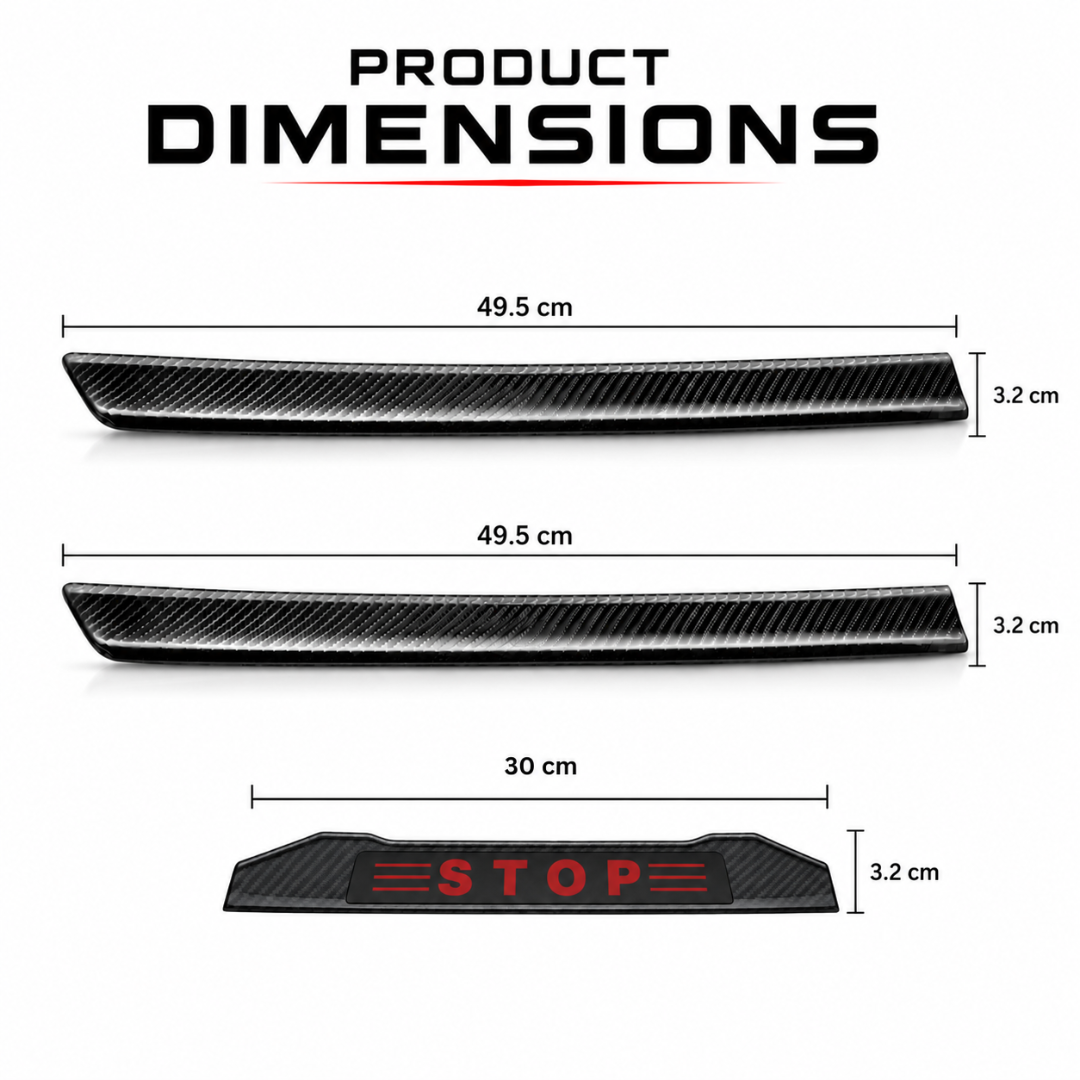 Dimension diagram showing AUTOPOWERZ carbon fiber tail light components measuring 49.5 cm side bars and 30 cm central STOP logo bar.