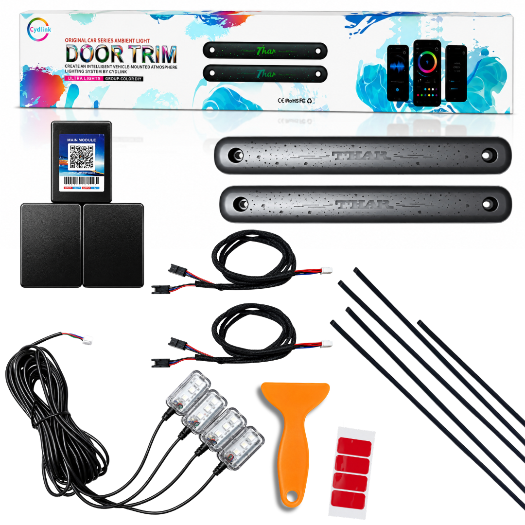 AUTOPOWERZ Cydlink 14-in-1 Mahindra Thar ambient light kit unboxed with door trim panels, wires, modules, and installation tool.