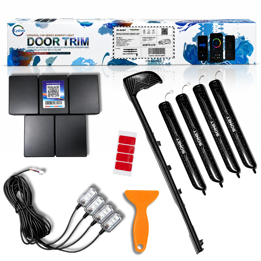 AUTOPOWERZ Cydlink 17-in-1 Kia Sonet ambient light kit unboxed with custom door trim panels, dashboard panel, wires, modules, and pry tool.