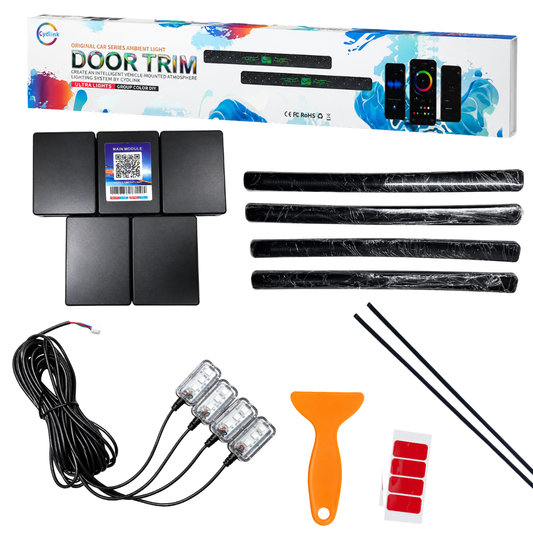 AUTOPOWERZ Cydlink 18-in-1 Mahindra Scorpio S11 ambient light kit unboxed with door trim light bars, wires, modules, and pry tool.