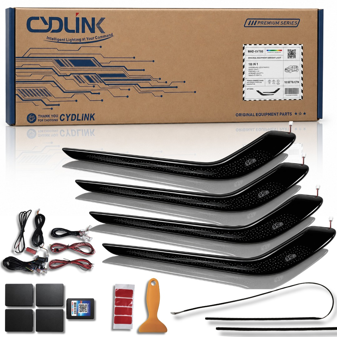 Autopowerz Cydlink 18-in-1 Mahindra XUV700 ambient light kit unboxed with retail carton box, 4 custom door trim panels, wires, modules, and pry tool.
