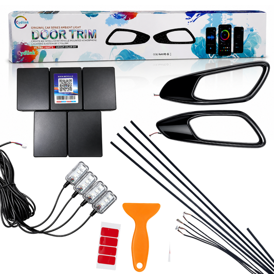 AUTOPOWERZ Cydlink 18-in-1 Suzuki Fronx ambient light kit unboxed with custom door handle trim frames, wires, modules, and pry tool.