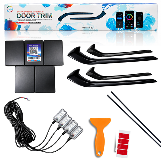 AUTOPOWERZ Cydlink 18-in-1 Suzuki Grand Vitara ambient light kit unboxed with door trim panels, wires, modules, and pry tool.