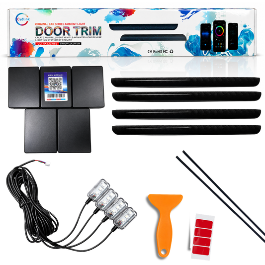 AUTOPOWERZ Cydlink 18-in-1 Suzuki Swift ambient light kit unboxed with door trim panels, wires, modules, and pry tool.