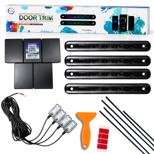 AUTOPOWERZ Cydlink 22-in-1 Mahindra Thar ROXX ambient light kit unboxed with 4 door trim panels, wires, modules, and pry tool.