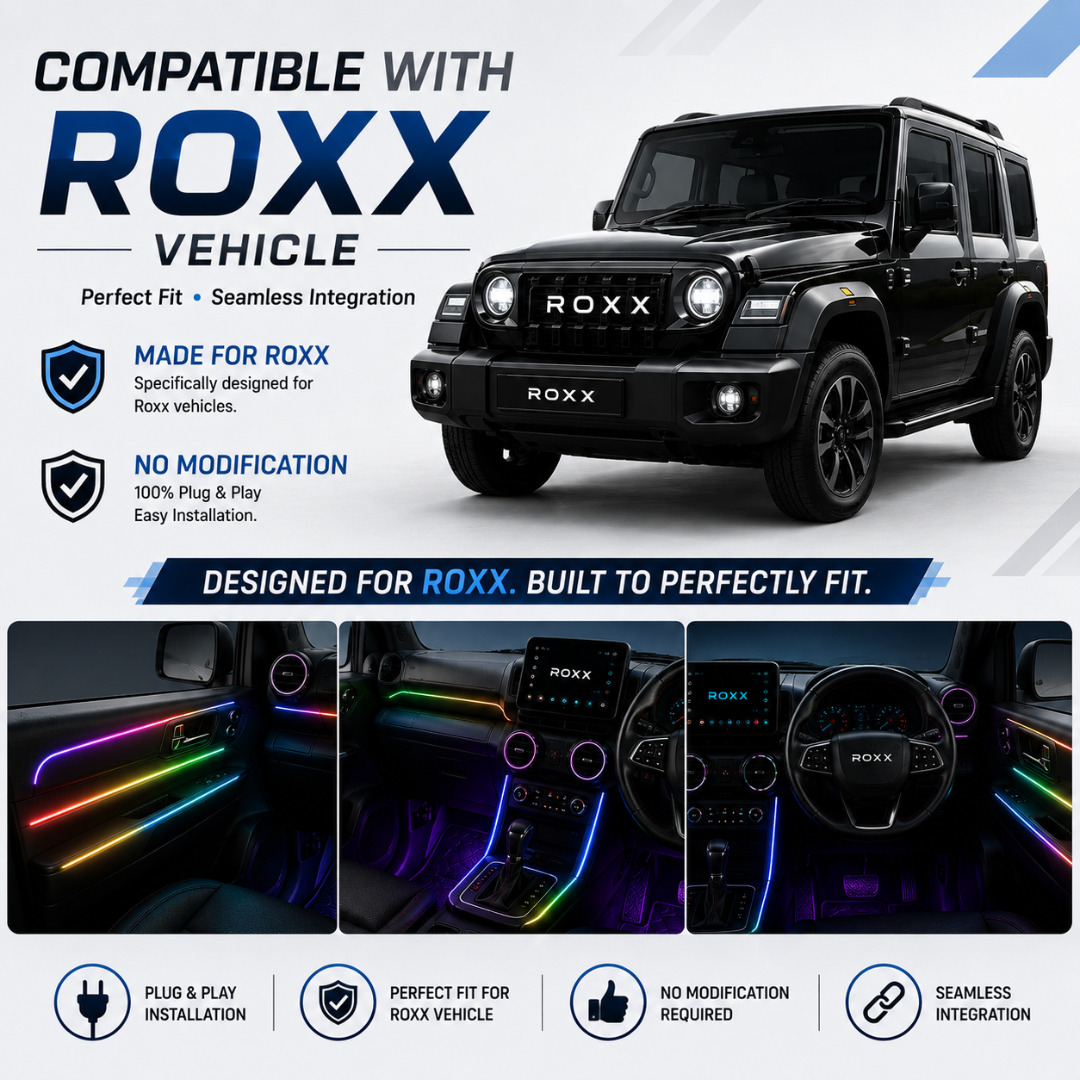 Mahindra Thar ROXX black SUV with interior ambient lighting installed on dashboard and custom ROXX door trim.
