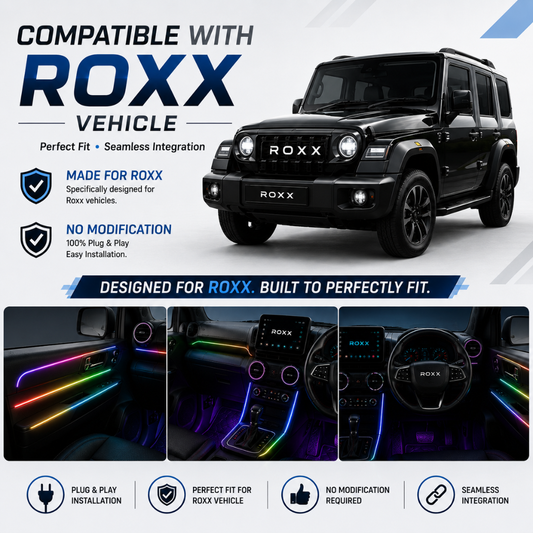 Mahindra Thar ROXX black SUV with interior ambient lighting installed on dashboard and custom ROXX door trim.